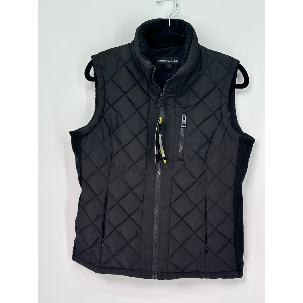 Andrew Marc Womens Quilted Puffer Vest Black Ribbed Trim Full Zip Size S NEW
